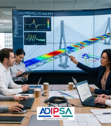Monitoreo estructural de puentes con ingenieros revisando sensores y datos técnicos en campo