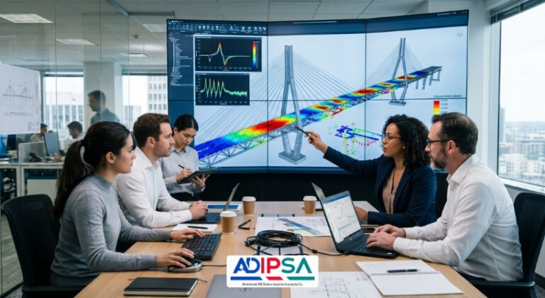 Monitoreo estructural de puentes con ingenieros revisando sensores y datos técnicos en campo