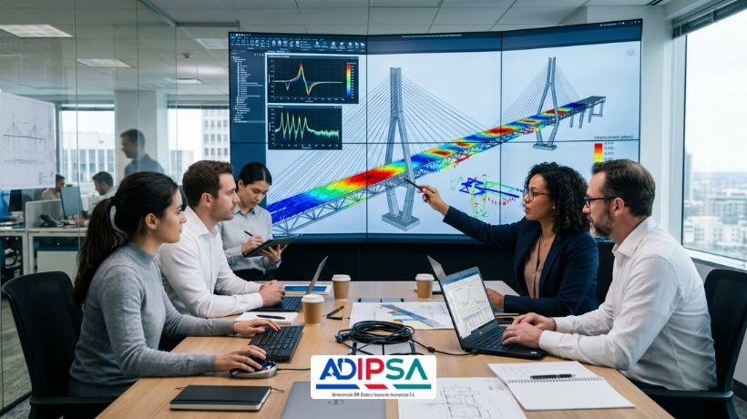 Monitoreo estructural de puentes con ingenieros revisando sensores y datos técnicos en campo